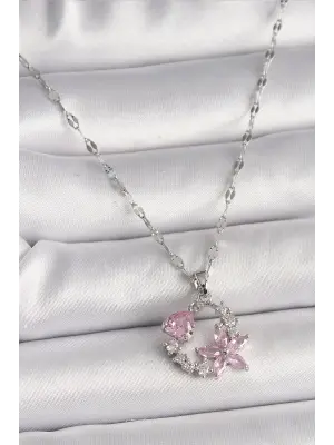  Gümüş  Zincir Pembe Zirkon Taşlı Çiçek Figür Kalp Detay  Çelik Kolye