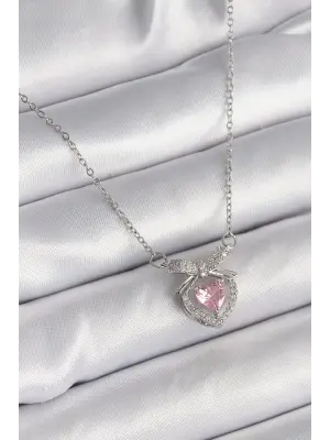  Gümüş  Zincir Pembe Zirkon Taşlı Kalp Figür  Çelik Kolye