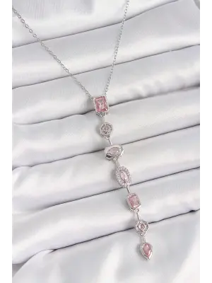 316L Çelik Gümüş Renk Zincir Pembe Zirkon Taşlı Y Model Dekolte Kadın Kolye