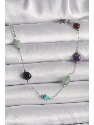 316L Çelik Gümüş Renk Zincir Renkli Doğaltaş Model Kadın Bileklik