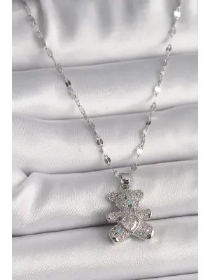  Gümüş  Zincir li Zirkon Taşlı Ayıcık Figür Taşlı Kalp Detay  Çelik Kolye