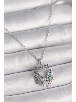  Gümüş  Zincir li Zirkon Taşlı Kalp Model  Çelik Kolye