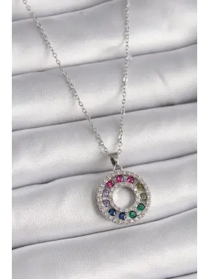  Gümüş  Zincir li Zirkon Taşlı Madalyon Model  Çelik Kolye