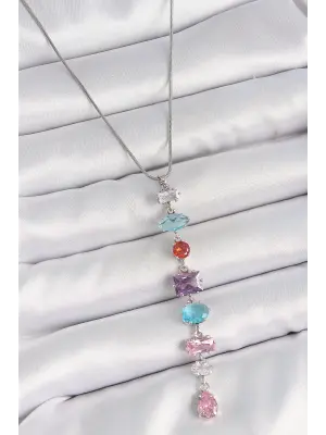 316L Çelik Gümüş Renk Zincir Renkli Zirkon Taşlı Y Model Dekolte Kadın Kolye