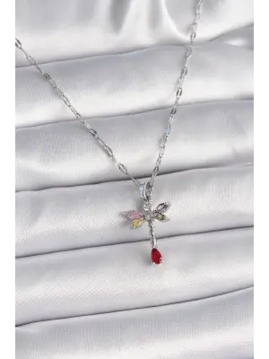  Gümüş  Zincir li Zirkon Taşlı Yusufçuk Model  Çelik Kolye