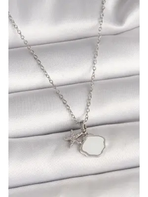 316L Çelik Gümüş Renk Zincir Sallantı Beyaz Mineli Deniz Kabuğu Zirkon Taşlı Deniz Yıldızı Figür Kadın Kolye