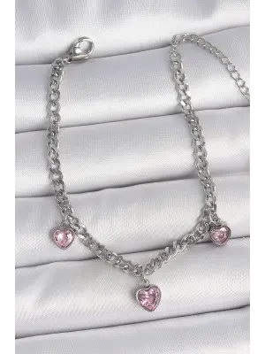 316L Çelik Gümüş Renk Zincir Sallantı Pembe Zirkon Taşlı Kalp Model Kadın Bileklik