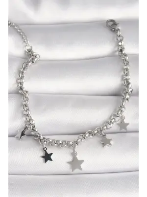 316L Çelik Gümüş Renk Zincir Sallantı Yıldız Figür Kadın Bileklik