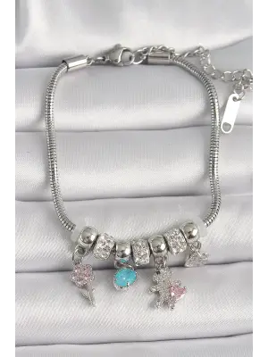 316L Çelik Gümüş Renk Zincir Sallantı Zirkon Taşlı Ayıcık Figür Çiçek Detay Kadın Bileklik