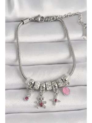 316L Çelik Gümüş Renk Zincir Sallantı Zirkon Taşlı Ayıcık Figür Yıldız Detay Kadın Bileklik