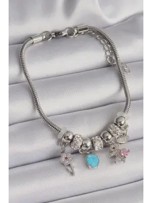 316L Çelik Gümüş Renk Zincir Sallantı Zirkon Taşlı Ayıcık Model Charm Bileklik
