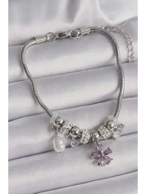 316L Çelik Gümüş Renk Zincir Sallantı Zirkon Taşlı Çiçek Model İnci Detay Charm Bileklik