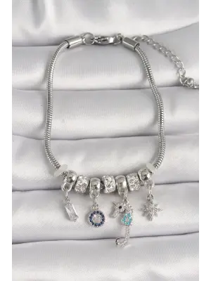 316L Çelik Gümüş Renk Zincir Sallantı Zirkon Taşlı Deniz Atı Figür Nazar Boncuk Detay Kadın Bileklik