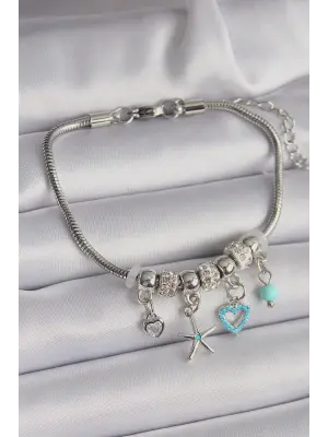 316L Çelik Gümüş Renk Zincir Sallantı Zirkon Taşlı Deniz Yıldızı Figür Charm Bileklik