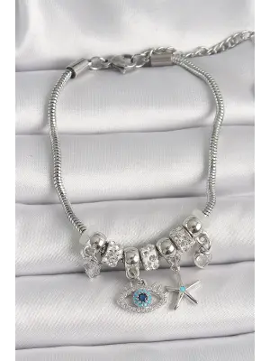 316L Çelik Gümüş Renk Zincir Sallantı Zirkon Taşlı Göz Figür Yıldız Detay Kadın Bileklik