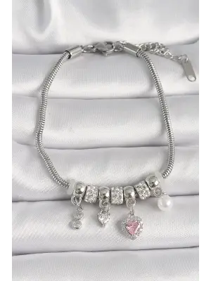 316L Çelik Gümüş Renk Zincir Sallantı Zirkon Taşlı Kalp Figür İnci Detay Charm Kadın Bileklik