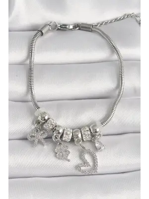 316L Çelik Gümüş Renk Zincir Sallantı Zirkon Taşlı Kalp Figür Yonca Detay Kadın Bileklik