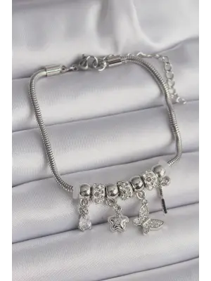 316L Çelik Gümüş Renk Zincir Sallantı Zirkon Taşlı Kelebek Model Çiçek Detay Charm Bileklik