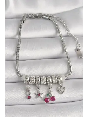 316L Çelik Gümüş Renk Zincir Sallantı Zirkon Taşlı Kiraz Figür Kalp Detay Kadın Bileklik