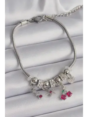 316L Çelik Gümüş Renk Zincir Sallantı Zirkon Taşlı Kiraz Model Charm Bileklik