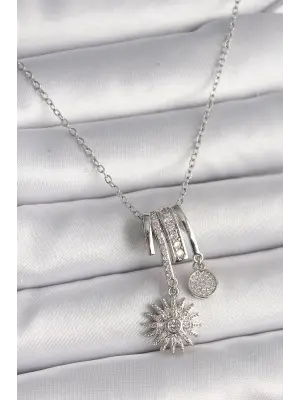  Gümüş  Zincir Sallantı Zirkon Taşlı Kutup Yıldızı Model  Charm Çelik Kolye