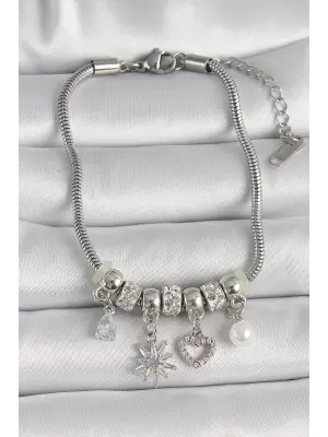 316L Çelik Gümüş Renk Zincir Sallantı Zirkon Taşlı Kuzey Yıldız Figür Kalp Detay Kadın Bileklik