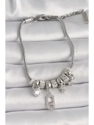 316L Çelik Gümüş Renk Zincir Sallantı Zirkon Taşlı Messika Figür Yıldız Detay Kadın Bileklik