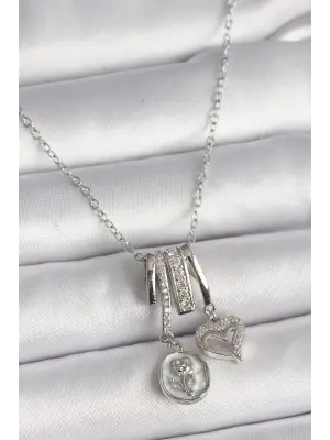  Gümüş  Zincir Sallantı Zirkon Taşlı Minimal Beyaz Sedefli Gül Portre Model Kalp Detay  Charm Çelik Kolye