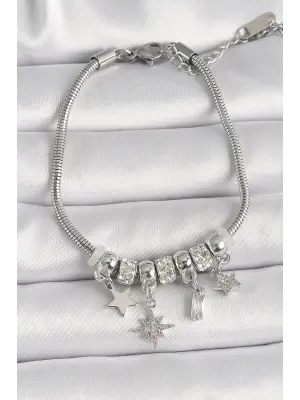 316L Çelik Gümüş Renk Zincir Sallantı Zirkon Taşlı Yıldız Model Kadın Bileklik