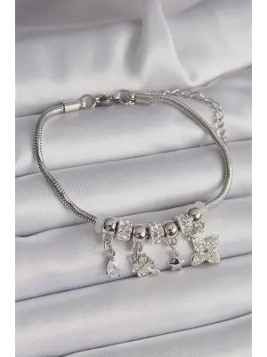 316L Çelik Gümüş Renk Zincir Sallantı Zirkon Taşlı Yonca Figür Charm Bileklik