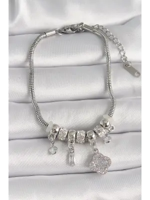 316L Çelik Gümüş Renk Zincir Sallantı Zirkon Taşlı Yonca Figür Kadın Bileklik