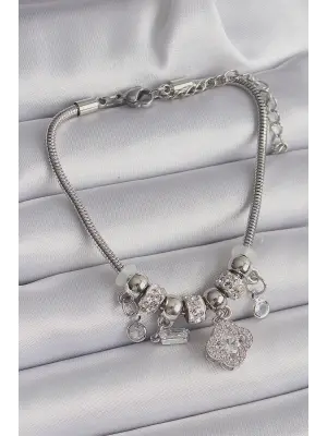 316L Çelik Gümüş Renk Zincir Sallantı Zirkon Taşlı Yonca Model Charm Bileklik