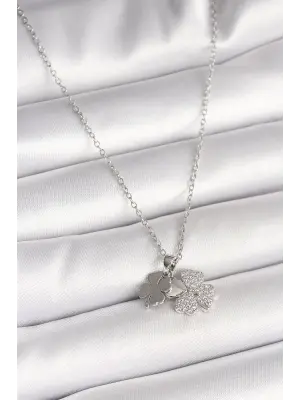 316L Çelik Gümüş Renk Zincir Sallantı Zirkon Taşlı Yonca Model Kadın Kolye