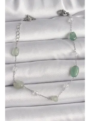 316L Çelik Gümüş Renk Zincir Yeşil Doğal Taş Kadın Bileklik