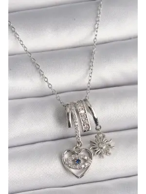  Gümüş  Zincir Zirkon Sallantı Kalp Model Güneş Detay  Charm Çelik Kolye