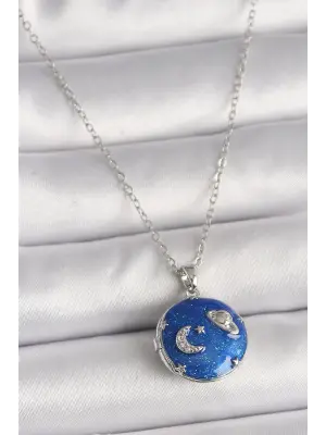  Gümüş  Zincir Zirkon Taş Detaylı Açılı Galaksi Model  Çelik Kolye