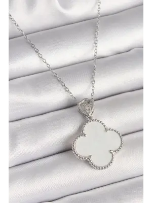 316L Çelik Gümüş Renk Zincir Zirkon Taş Detaylı Beyaz Yonca Model Kadın Kolye