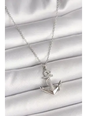 316L Çelik Gümüş Renk Zincir Zirkon Taş Detaylı Çapa Model Kadın Kolye