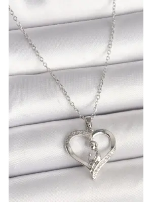  Gümüş  Zincir Zirkon Taş Detaylı Kalp Model  Çelik Kolye