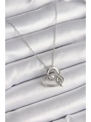  Gümüş  Zincir Zirkon Taş Detaylı Kalp Model Sonsuzluk Detay  Çelik Kolye