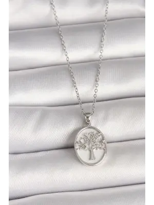 316L Çelik Gümüş Renk Zincir Zirkon Taş İşlemeli Beyaz Mineli Ağaç İşlemeli Portre Model Kadın Kolye