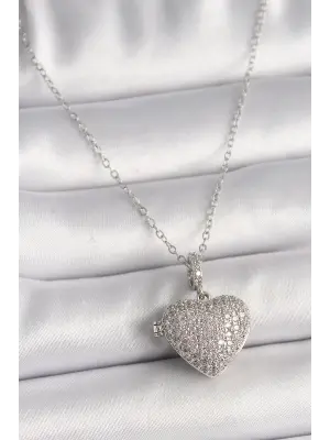  Gümüş  Zincir Zirkon Taşlı Açılır Kalp Model  Çelik Kolye