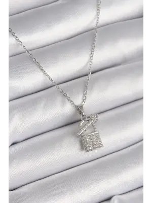  Gümüş  Zincir Zirkon Taşlı Asma Kilit Anahtar Model  Çelik Kolye