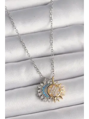  Gümüş  Zincir Zirkon Taşlı Ay Güneş Model  Charm Çelik Kolye