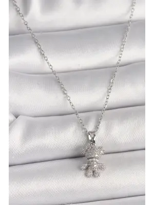  Gümüş  Zincir Zirkon Taşlı Ayıcık Figür  Çelik Kolye