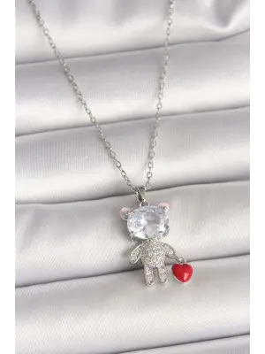 316L Çelik Gümüş Renk Zincir Zirkon Taşlı Ayıcık Model Kırmızı Kalp Detay Kadın Kolye