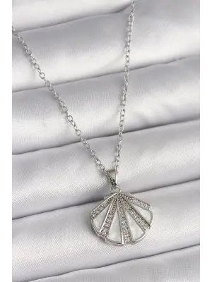  Gümüş  Zincir Zirkon Taşlı Beyaz Mineli Deniz Kabuğu Model  Çelik Kolye