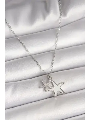 316L Çelik Gümüş Renk Zincir Zirkon Taşlı Beyaz Mineli Deniz Yıldız Model Kadın Kolye
