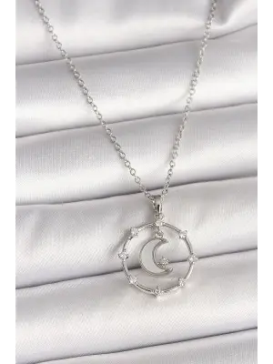 316L Çelik Gümüş Renk Zincir Zirkon Taşlı Beyaz Mineli Hilal Model Kadın Kolye