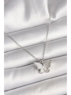 316L Çelik Gümüş Renk Zincir Zirkon Taşlı Beyaz Mineli Kelebek Model Kadın Kolye
